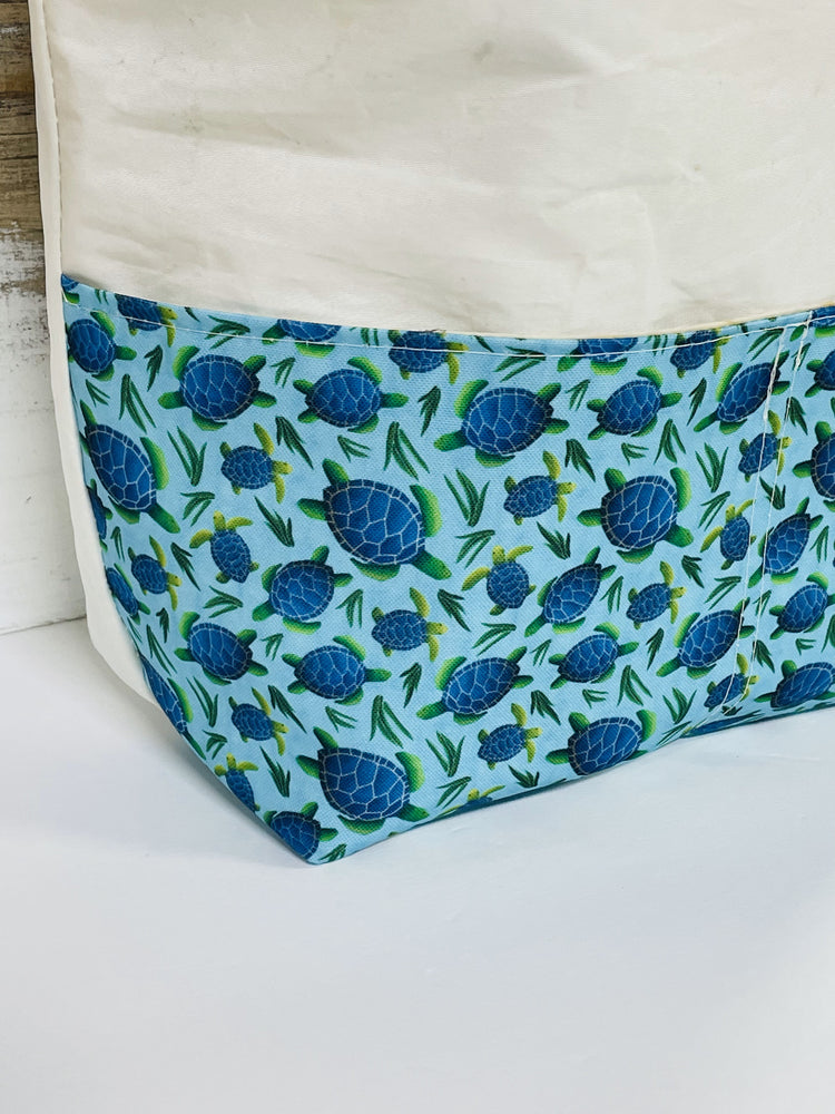 
            
                Load image into Gallery viewer, Main Sail Blue and Green Turtles Recycled Sail Tote Bag
            
        