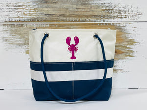 Main Sail Pink Embroidered Lobster Recycled Sail Tote Bag