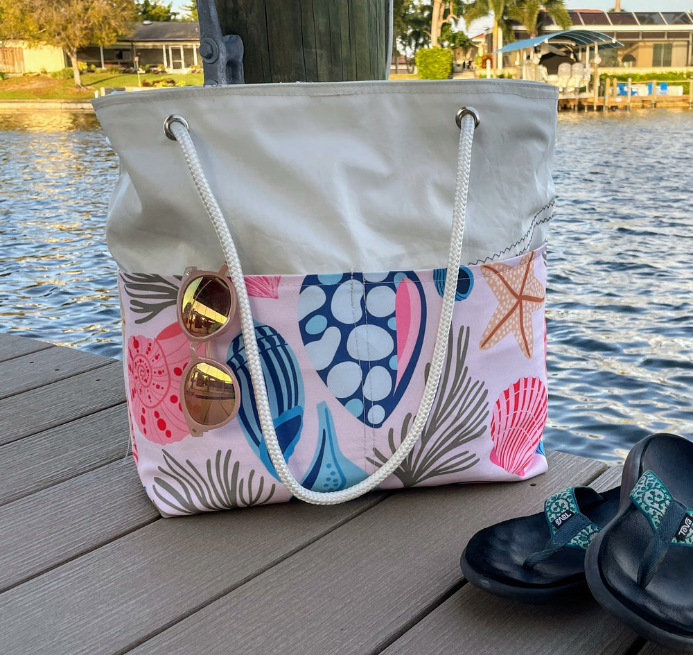 The Hull Large Blue White Starfish Recycled Sailcloth Beach Bag