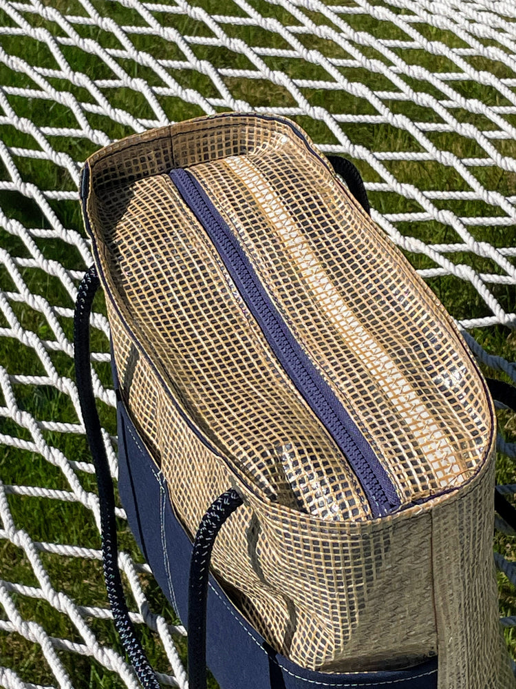 
            
                Load image into Gallery viewer, Kevlar Basket Weave and Navy Recycled Sailcloth Tote
            
        