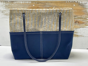 
            
                Load image into Gallery viewer, Kevlar Striped and Navy Recycled Racing Sailcloth Tote
            
        