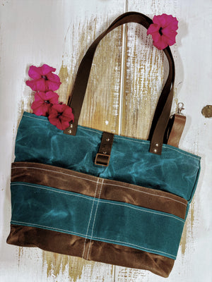 Deep Teal and Brown Waxed Canvas Shoulder Bag