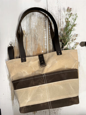 Natural and Brown Waxed Canvas Shoulder Bag