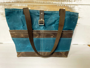 Deep Teal and Brown Waxed Canvas Shoulder Bag