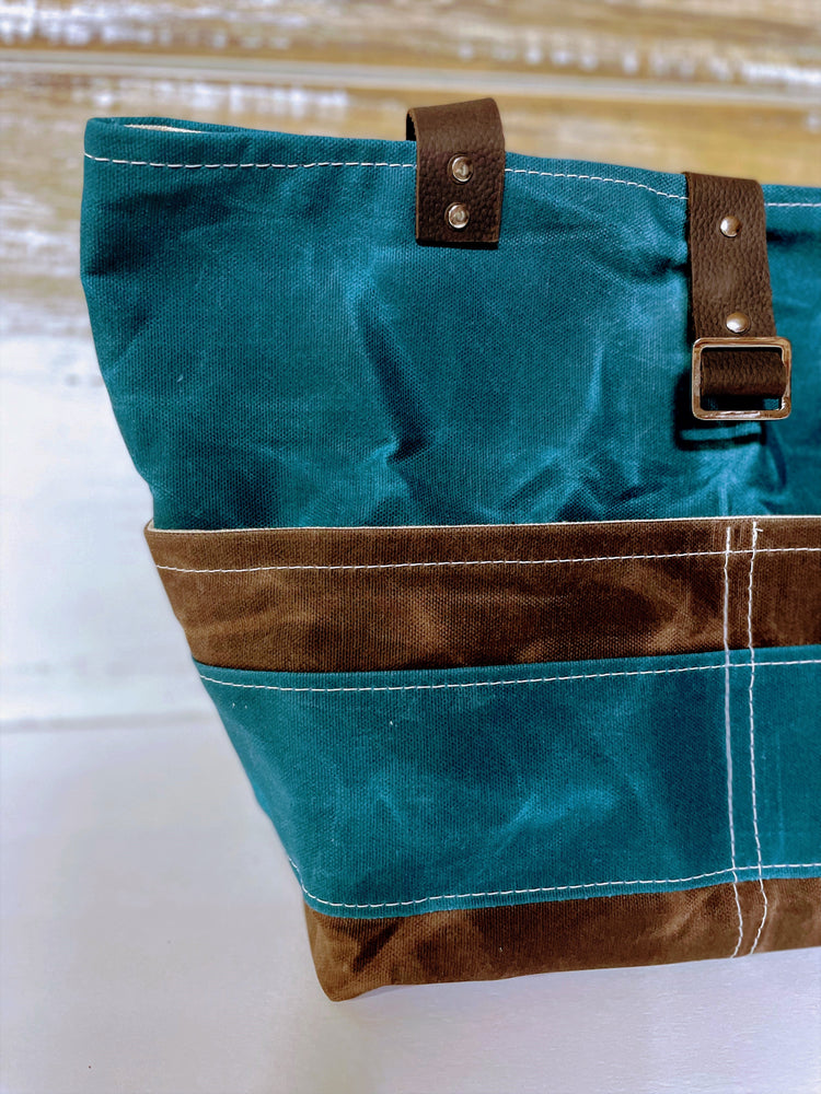 Deep Teal and Brown Waxed Canvas Shoulder Bag