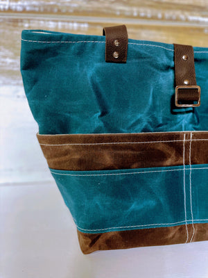 
            
                Load image into Gallery viewer, Deep Teal and Brown Waxed Canvas Shoulder Bag
            
        