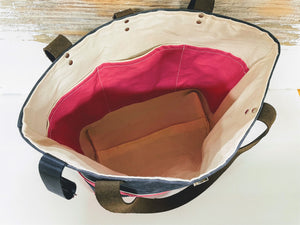 Navy and Hot Pink Waxed Canvas Shoulder Bag