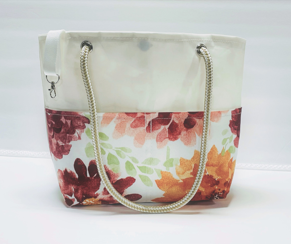 
            
                Load image into Gallery viewer, Main Sail Orange Floral Recycled Sail Tote
            
        