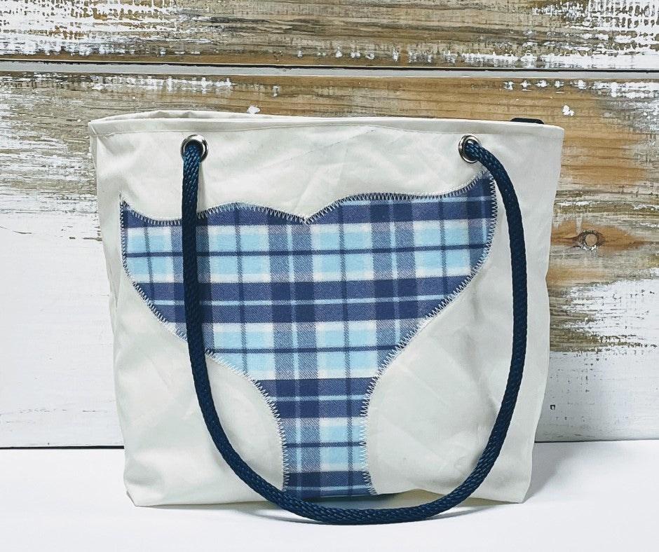 
            
                Load image into Gallery viewer, Main Sail Plaid Whale Tail Recycled Sail Tote Bag
            
        