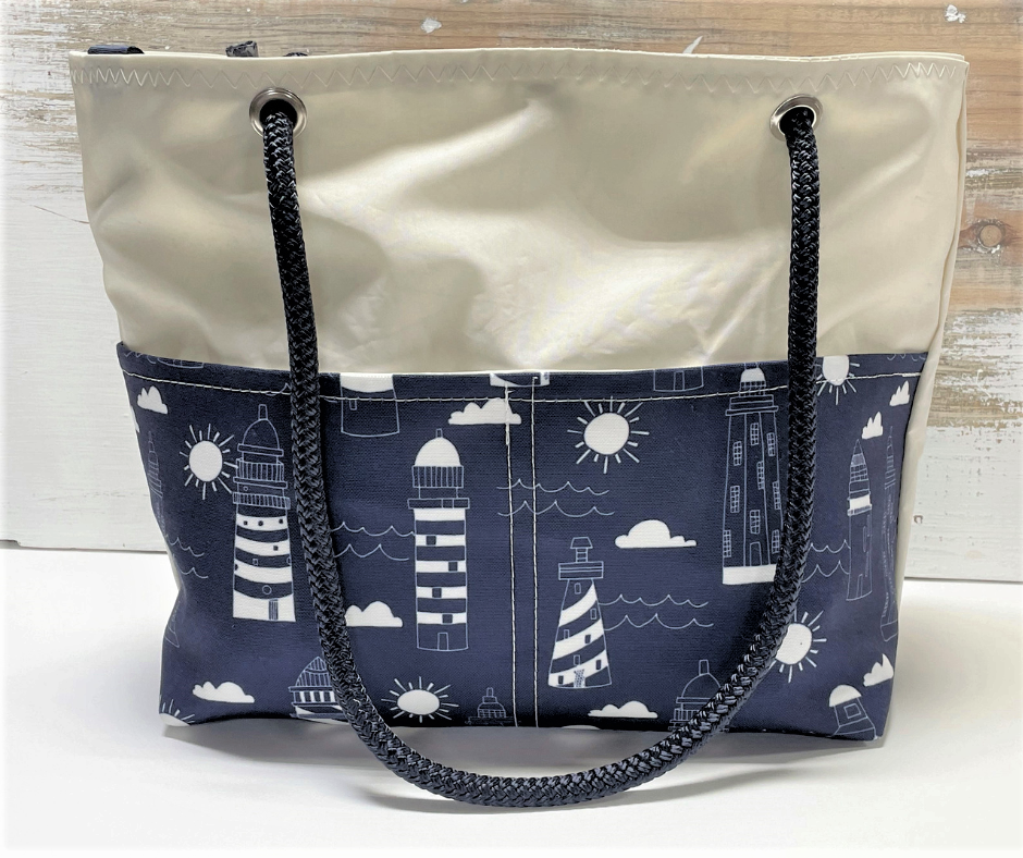 
            
                Load image into Gallery viewer, Main Sail Lighthouse Recycled Sail Tote
            
        