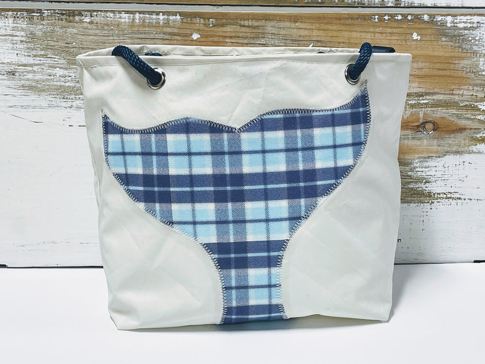 
            
                Load image into Gallery viewer, Main Sail Plaid Whale Tail Recycled Sail Tote Bag
            
        